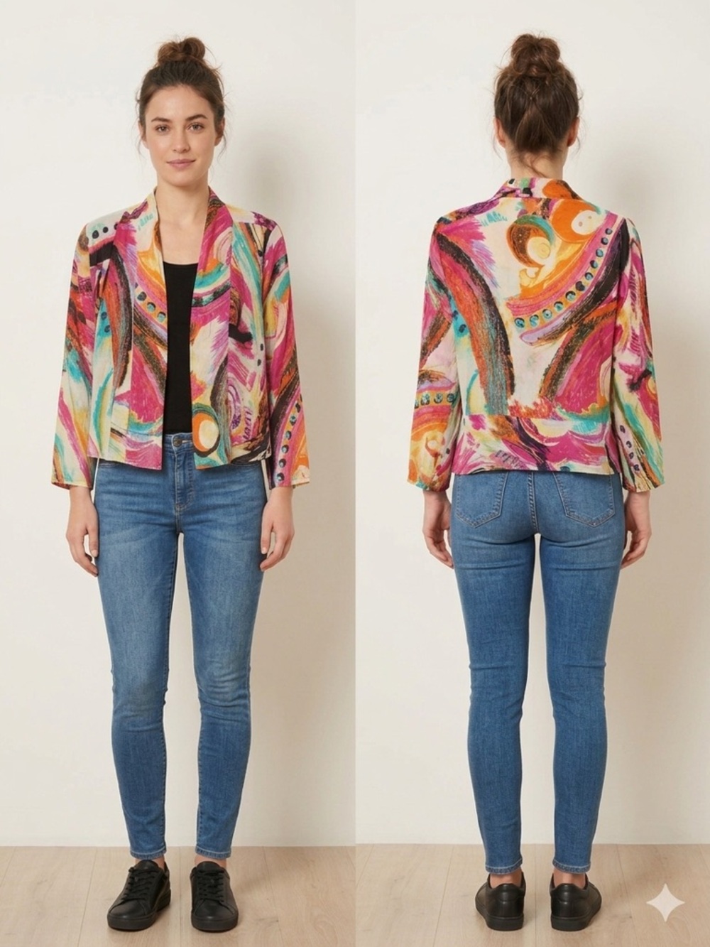 Vibrant Abstract Print Open-Front Blouse Jacket - Multi